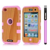 Apple Itouch 4 Case Silicone With Hard Pc Wood Grain 2in1 Hybrid High Impact Protective Case For Itouch 4(Pink)