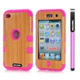 Apple Itouch 4 Case Silicone With Hard Pc Wood Grain 2in1 Hybrid High Impact Protective Case For Itouch 4(Rose Pink)