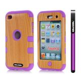 Apple Itouch 4 Case Silicone With Hard Pc Wood Grain 2in1 Hybrid High Impact Protective Case For Itouch 4(Purple)