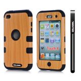 Apple Itouch 4 Case Silicone With Hard Pc Wood Grain 2in1 Hybrid High Impact Protective Case For Itouch 4(Black)